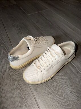 Saint Laurent Off-White Perforated Leather Sneakers with Silver Glitter Heel